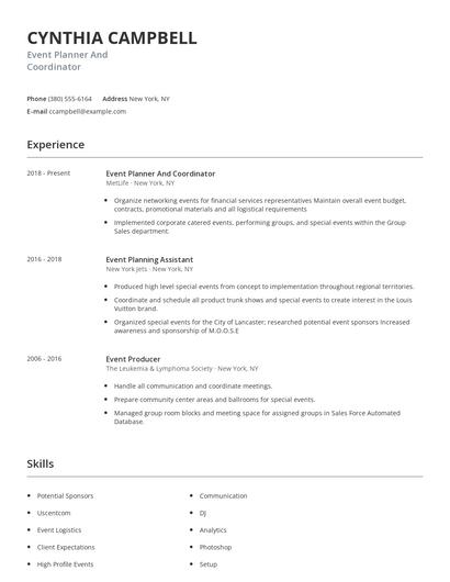 Event Planner And Coordinator Resume