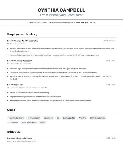 Event Planner And Coordinator Resume