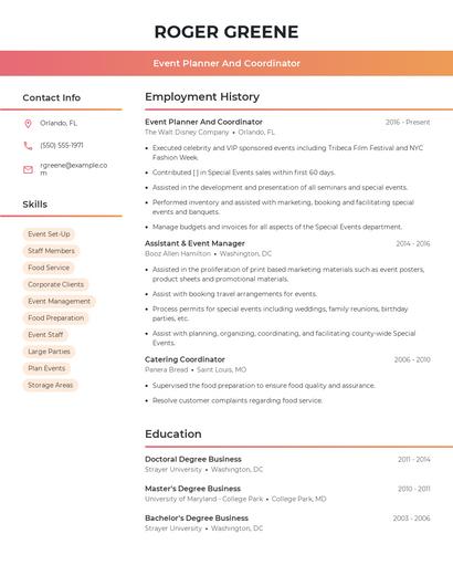 Event Planner And Coordinator Resume