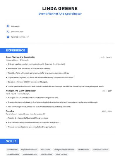 Event Planner And Coordinator Resume