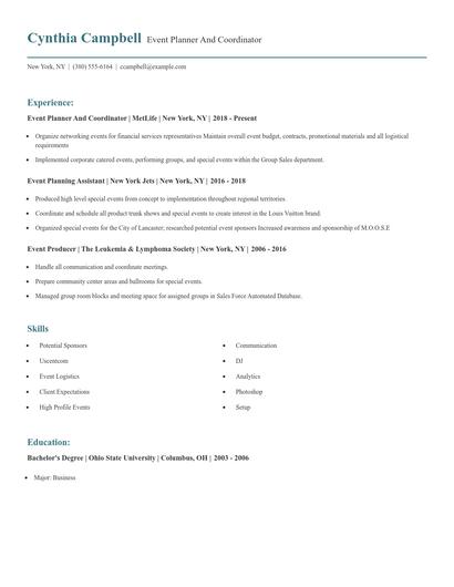 Event Planner And Coordinator Resume
