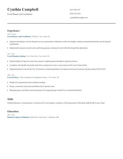 Event Planner And Coordinator Resume