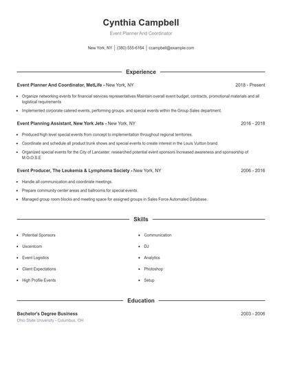 Event Planner And Coordinator Resume