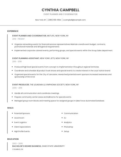Event Planner And Coordinator Resume
