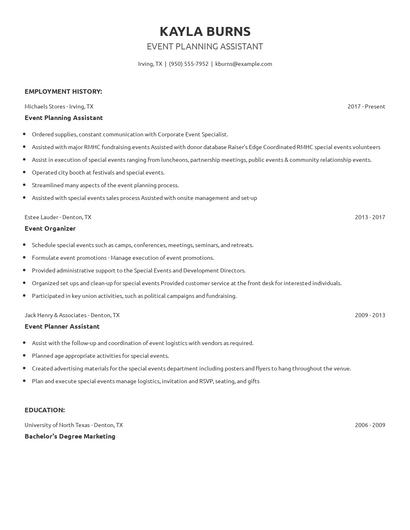 Event Planning Assistant Resume