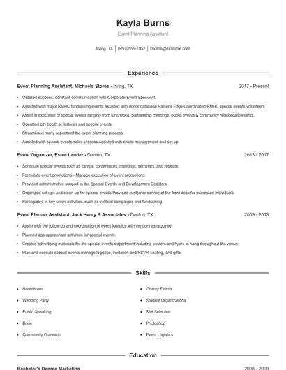 Event Planning Assistant Resume