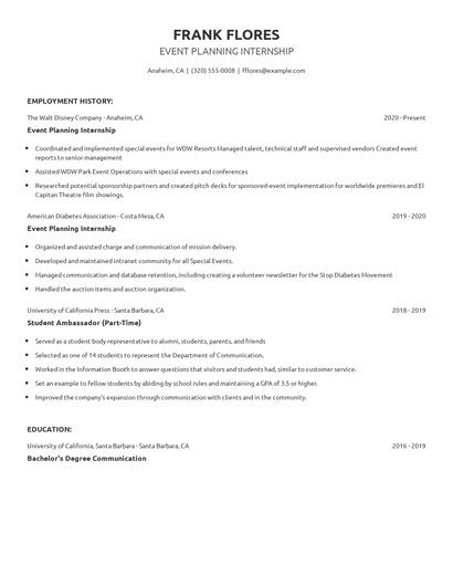 Event Planning Internship Resume
