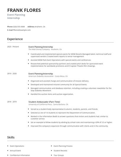 Event Planning Internship Resume