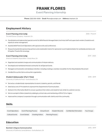 Event Planning Internship Resume