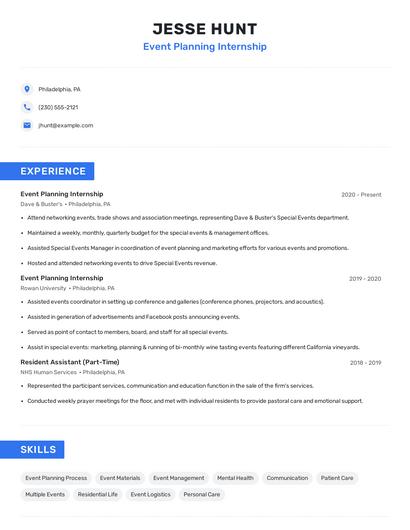 Event Planning Internship Resume