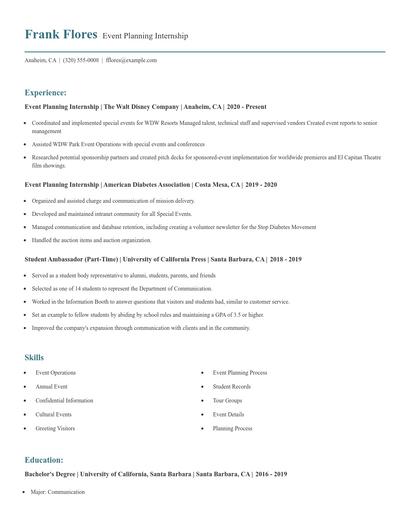 Event Planning Internship Resume