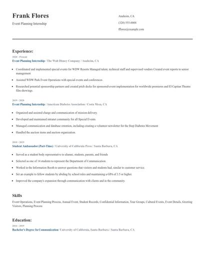 Event Planning Internship Resume