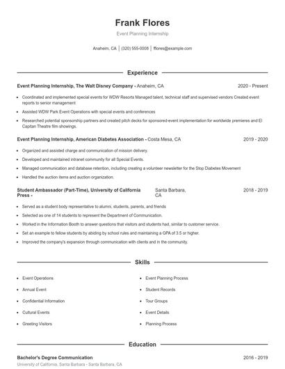 Event Planning Internship Resume