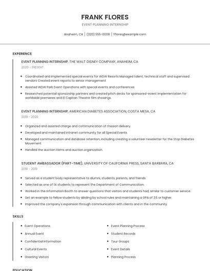 Event Planning Internship Resume