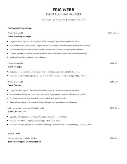Event Planning Manager Resume