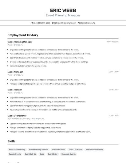 Event Planning Manager Resume