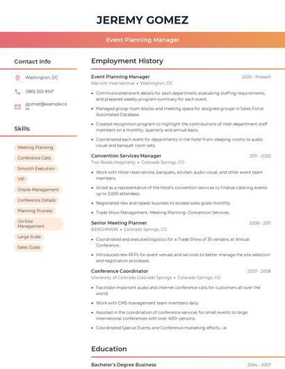 Event Planning Manager Resume