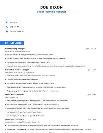 Event Planning Manager Resume