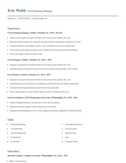 Event Planning Manager Resume