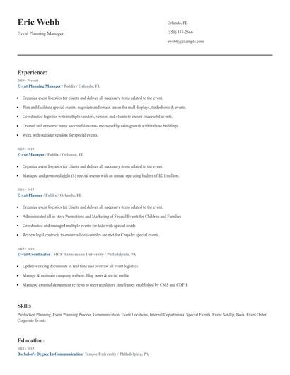 Event Planning Manager Resume