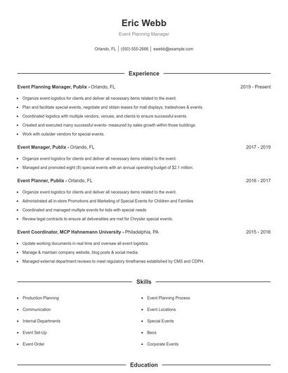 Event Planning Manager Resume