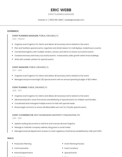 Event Planning Manager Resume