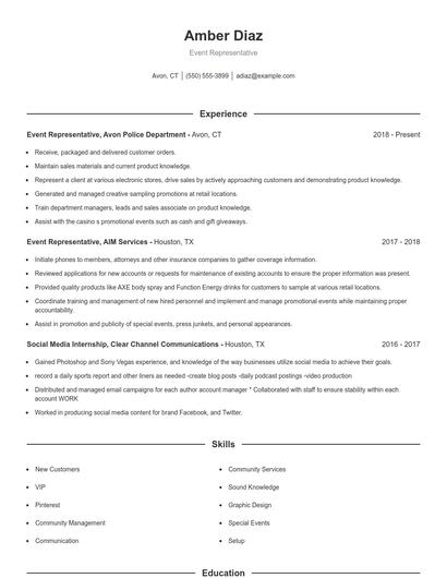 Event Representative Resume