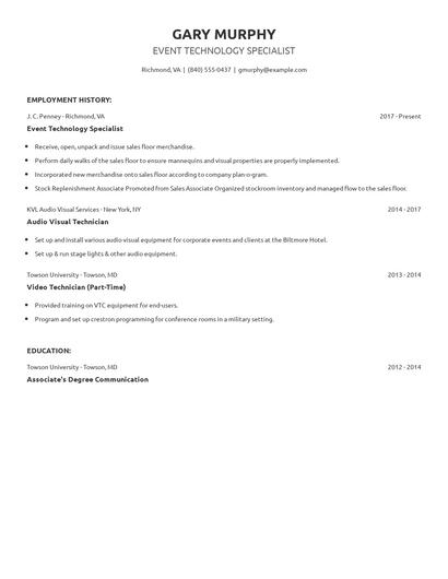 Event Technology Specialist Resume
