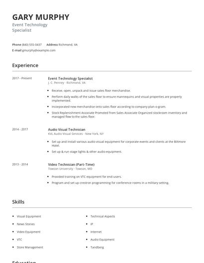 Event Technology Specialist Resume