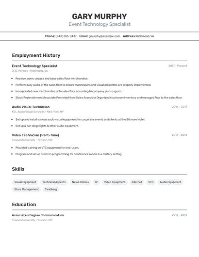 Event Technology Specialist Resume