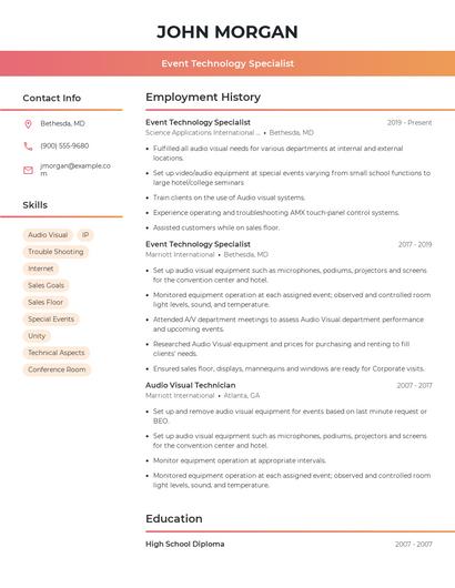 Event Technology Specialist Resume