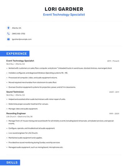 Event Technology Specialist Resume