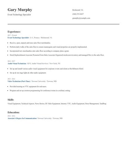 Event Technology Specialist Resume