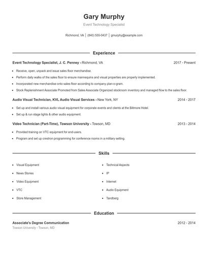 Event Technology Specialist Resume