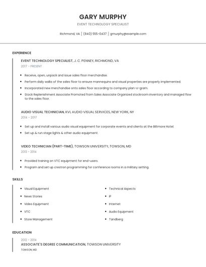 Event Technology Specialist Resume
