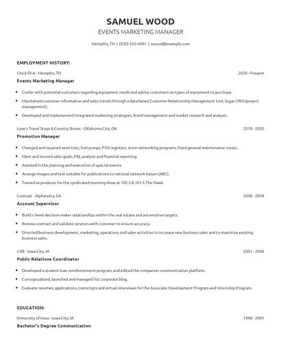 Events Marketing Manager Resume