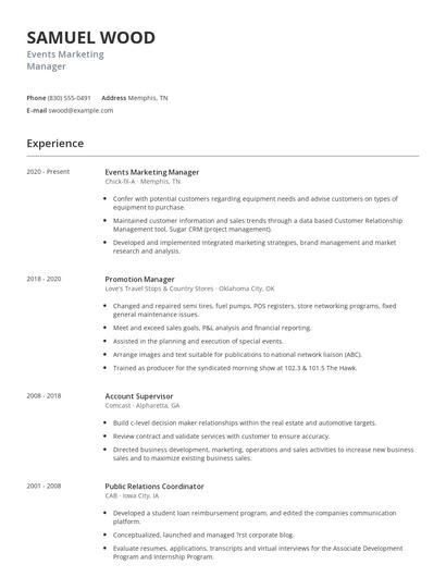 Events Marketing Manager Resume