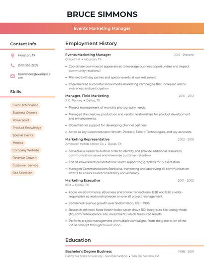 Events Marketing Manager Resume