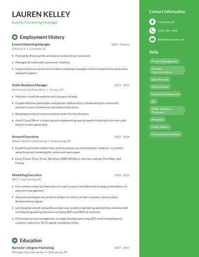 Events Marketing Manager Resume