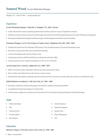Events Marketing Manager Resume