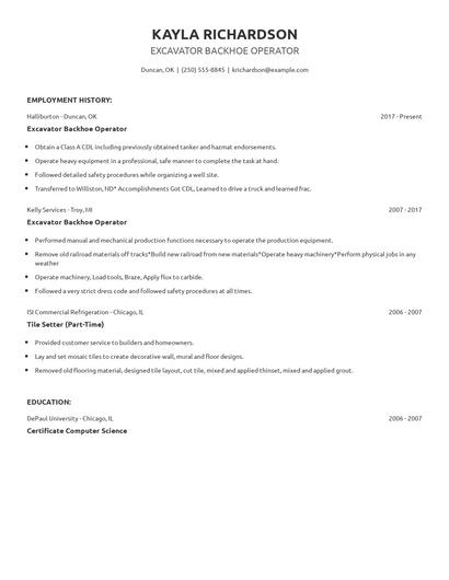 Excavator Backhoe Operator Resume