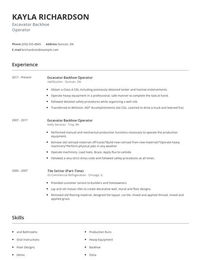 Excavator Backhoe Operator Resume