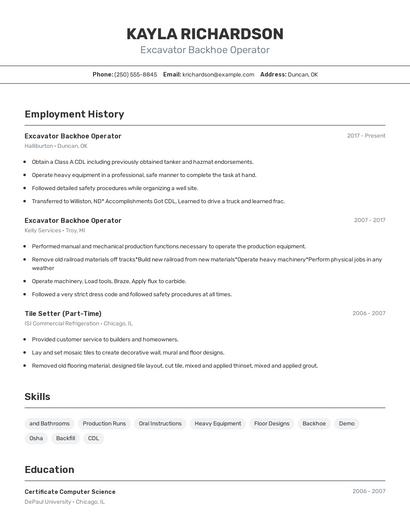 Excavator Backhoe Operator Resume