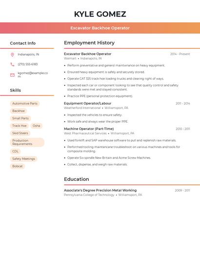 Excavator Backhoe Operator Resume