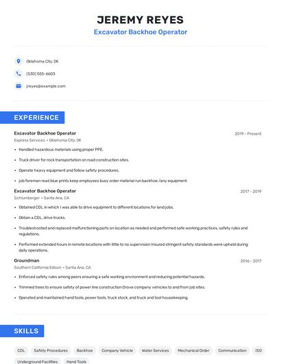 Excavator Backhoe Operator Resume