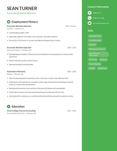 Excavator Backhoe Operator Resume