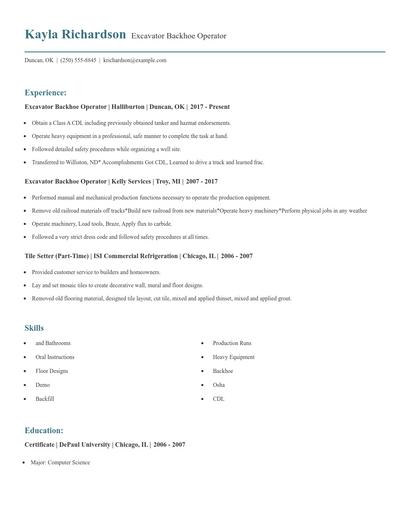 Excavator Backhoe Operator Resume