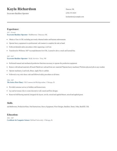 Excavator Backhoe Operator Resume