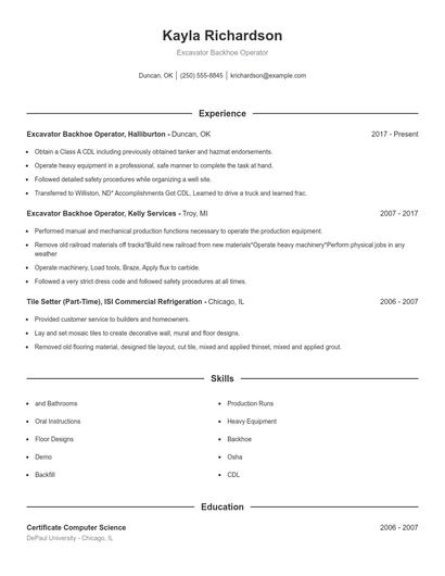 Excavator Backhoe Operator Resume