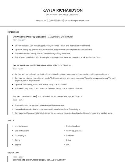 Excavator Backhoe Operator Resume